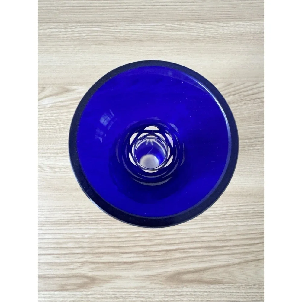 Vintage Cobalt Blue Cut To Clear Glass Bud Vase Floral Etched Footed 6
